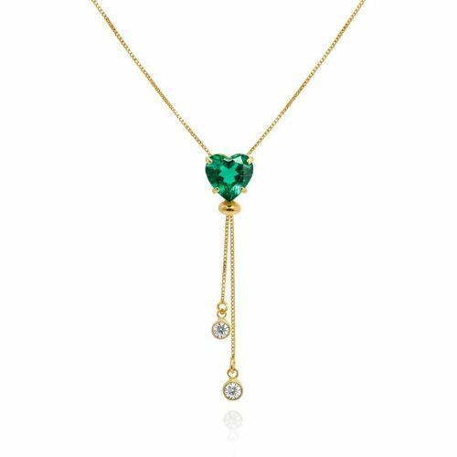 Colar Gravatinha Regul�vel Cora��o Zirc�nia Turmalina Banhado a Ouro