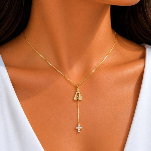 Colar Gravatinha Nossa Senhora Aparecida com Cruz Zirc�nia Cristal Banhado a Ouro