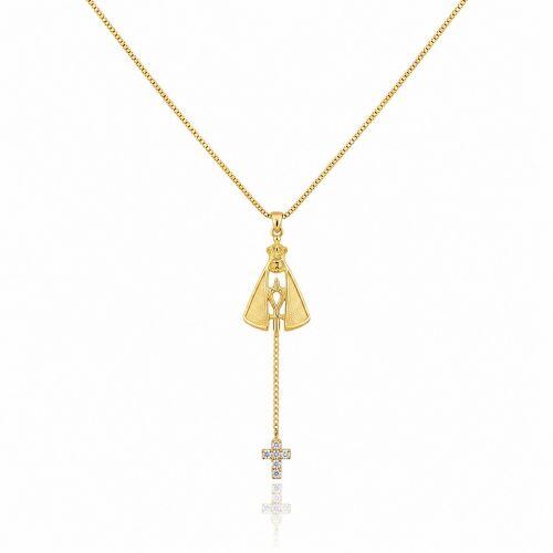 Colar Gravatinha Nossa Senhora Aparecida com Cruz Zirc�nia Cristal Banhado a Ouro