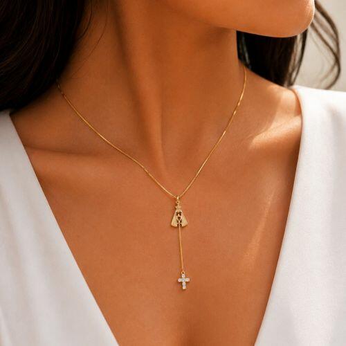 Colar Gravatinha Nossa Senhora Aparecida com Cruz Zircônia Cristal Banhado a Ouro