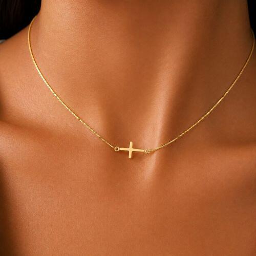 Choker Cruz Deitada Lisa Banhado em Ouro18k