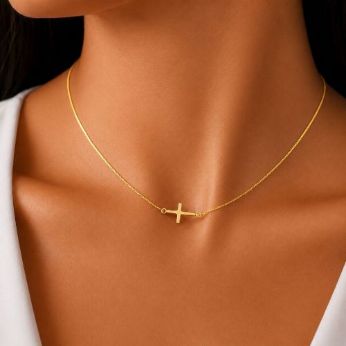 Choker Cruz Deitada Lisa Banhado em Ouro18k