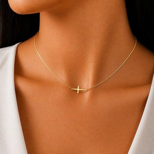 Choker Cruz Deitada Lisa Banhado em Ouro18k
