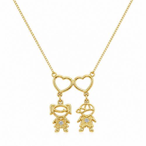 Colar 2 Filhos Com Coração Vazado Banhado a Ouro - 1 Menina e 1 Menino