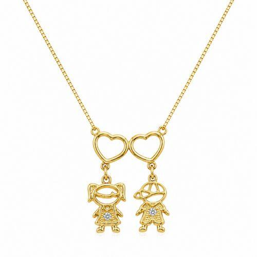 Colar 2 Filhos Com Coração Vazado Banhado a Ouro - 1 Menina e 1 Menino
