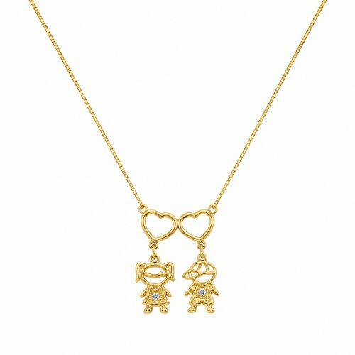 Colar 2 Filhos Com Cora��o Vazado Banhado a Ouro - 1 Menina e 1 Menino