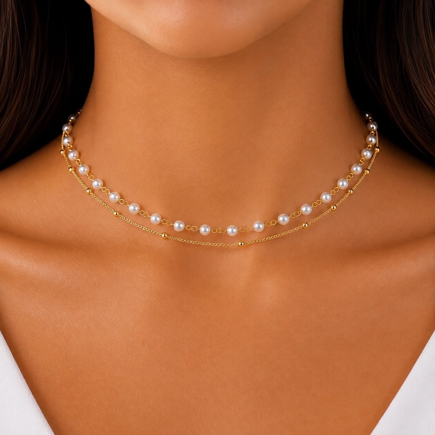 Choker Duplo 2 Fios Pérola com Bola Lisa Banhado em Ouro18k