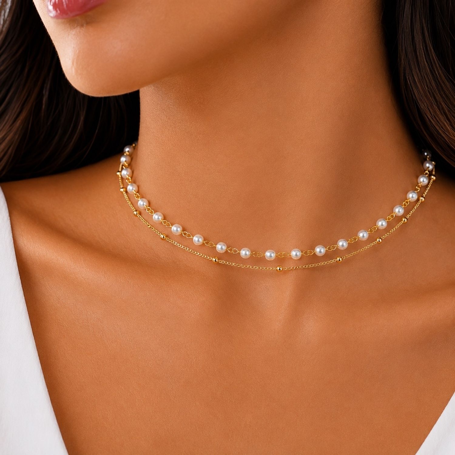 Choker Duplo 2 Fios Pérola com Bola Lisa Banhado em Ouro18k