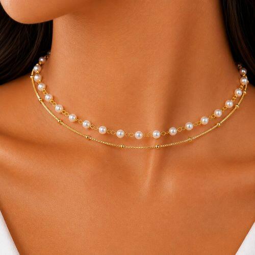 Choker Duplo 2 Fios P�rola com Bola Lisa Banhado em Ouro18k