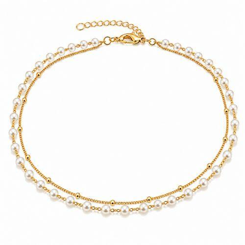 Choker Duplo 2 Fios P�rola com Bola Lisa Banhado em Ouro18k