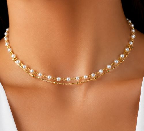 Choker Duplo 2 Fios Pérola com Bola Lisa Banhado em Ouro18k