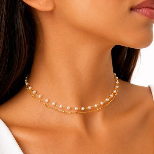 Choker Duplo 2 Fios Pérola com Bola Lisa Banhado em Ouro18k