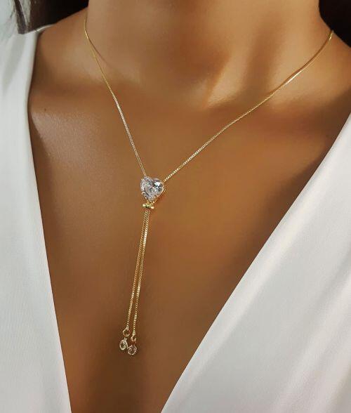 Colar Gravatinha Regulável Coração Zircônia Cristal Banhado em Ouro18k