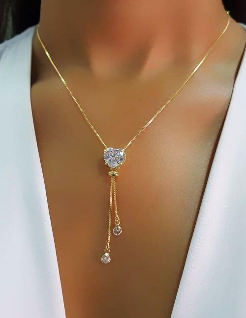 Colar Gravatinha Regul�vel Cora��o Zirc�nia Cristal Banhado em Ouro18k