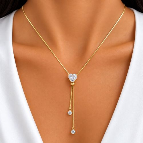 Colar Gravatinha Regul�vel Cora��o Zirc�nia Cristal Banhado em Ouro18k