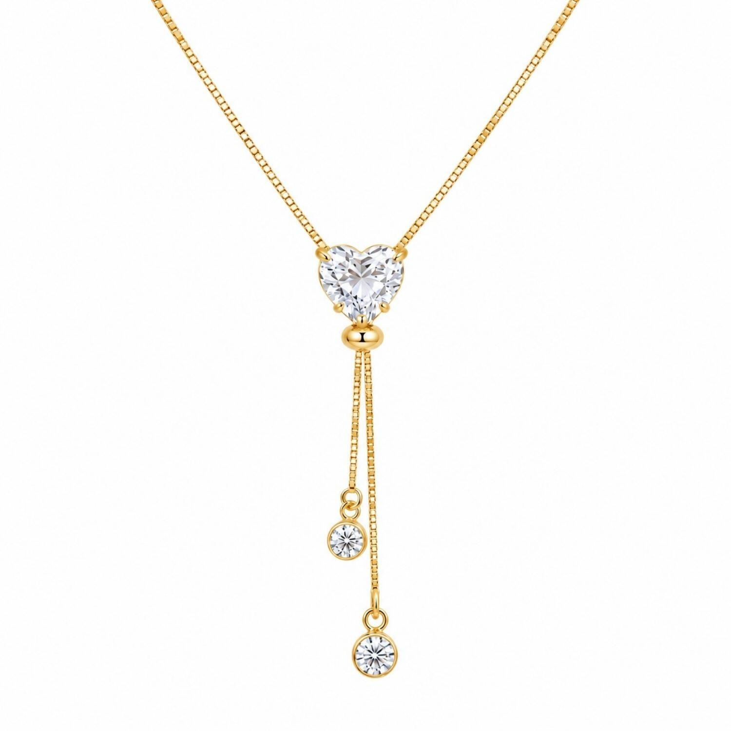 Colar Gravatinha Regulável Coração Zircônia Cristal Banhado em Ouro18k