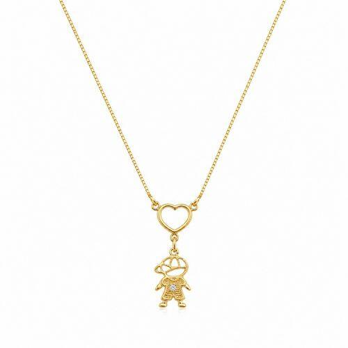 Colar 1 Filho Com Cora��o Vazado Banhado a Ouro - 1 Menino
