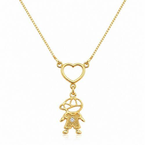 Colar 1 Filho Com Cora��o Vazado Banhado a Ouro - 1 Menino