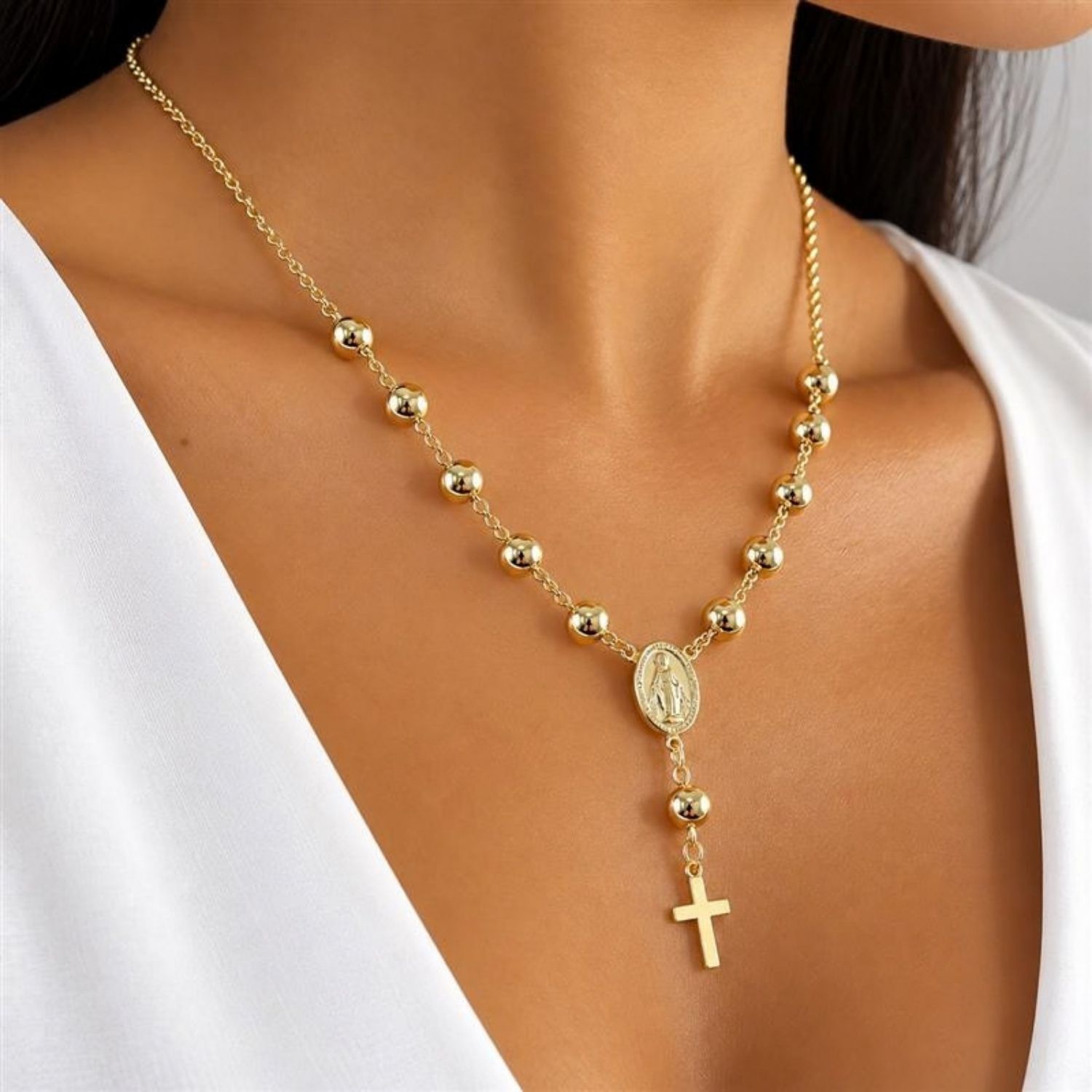 Colar Terço Nossa Senhora Milagrosa Frente e Verso Banhado em Ouro 18K