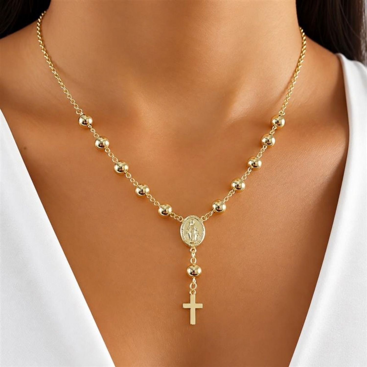 Colar Terço Nossa Senhora Milagrosa Frente e Verso Banhado em Ouro 18K