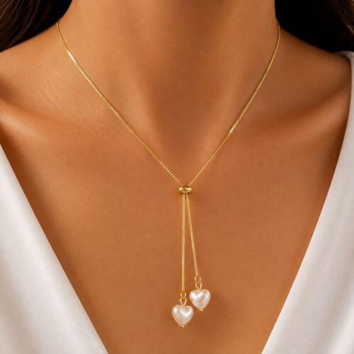 Colar Gravatinha Cora��es em P�rola Banhado em Ouro18k