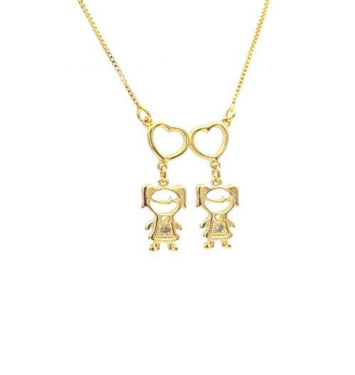 Colar 2 Filhos Com Cora��o Vazado Banhado a Ouro - 2 Meninas