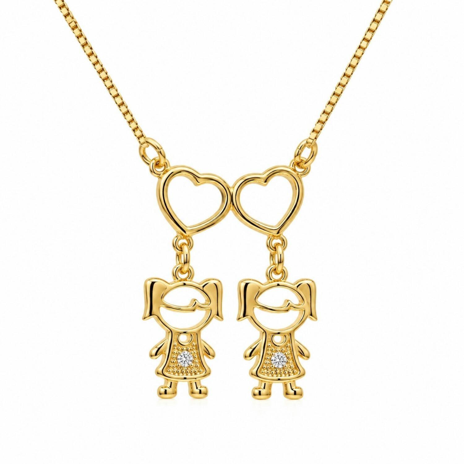 Colar 2 Filhos Com Coração Vazado Banhado a Ouro - 2 Meninas