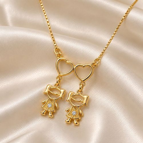 Colar 2 Filhos Com Coração Vazado Banhado a Ouro - 2 Meninas