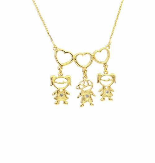 Colar 3 Filhos Com Cora��o Vazado Banhado a Ouro - 2 Meninas e 1 Menino