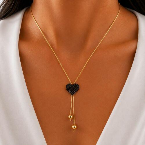 Colar Gravatinha Fixa com Zirc�nia Negra Banhado em Ouro18k