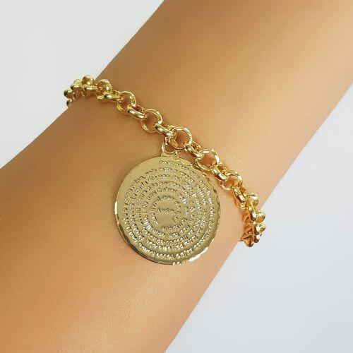 Pulseira Elo Português com Pingente Oração Pai Nosso com Fecho boia Banhada Ouro