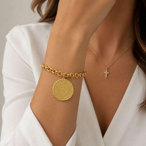 Pulseira Elo Portugu�s com Pingente Ora��o Pai Nosso com Fecho boia Banhada Ouro