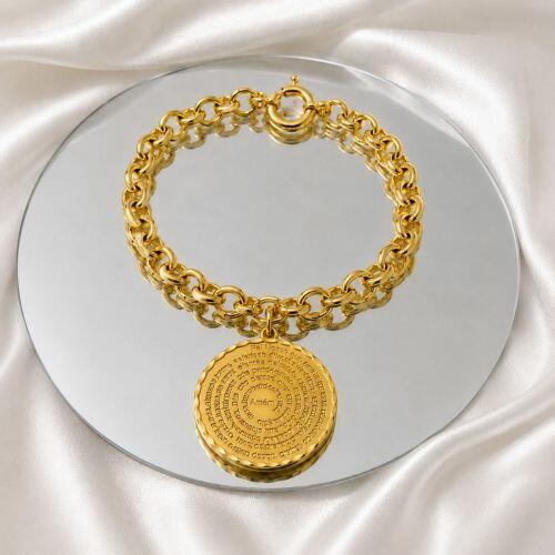 Pulseira Elo Português com Pingente Oração Pai Nosso com Fecho boia Banhada Ouro