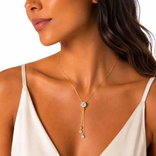 Colar Gravatinha Regulável Ponto de Luz Zircônia Cristal Banhado em Ouro18k