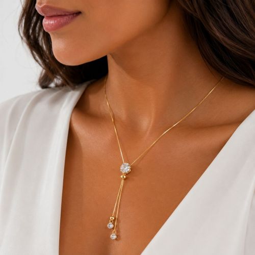 Colar Gravatinha Regulável Ponto de Luz Zircônia Cristal Banhado em Ouro18k