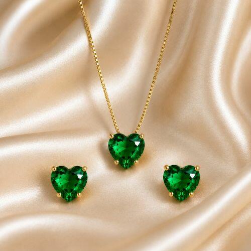 Conjunto Coração Zircônia Esmeralda Banhado em Ouro18k