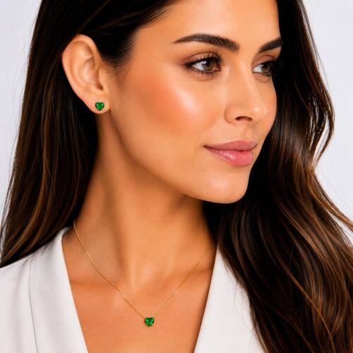 Conjunto Coração Zircônia Esmeralda Banhado em Ouro18k