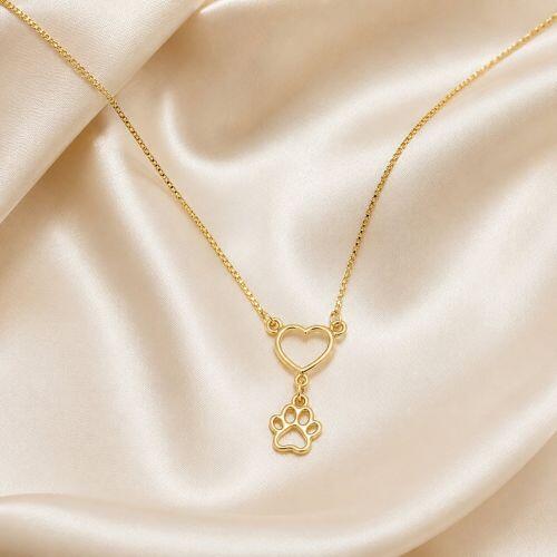 Colar Coração Vazado com Pingente Patinha Banhado em Ouro 18k