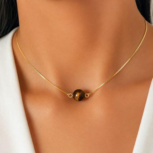 Choker Pedra Natural Olho de Tigre Banhado em Ouro 18K
