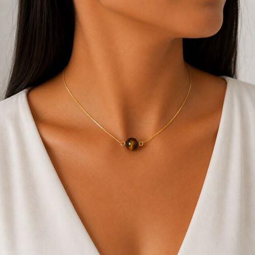Choker Pedra Natural Olho de Tigre Banhado em Ouro 18K