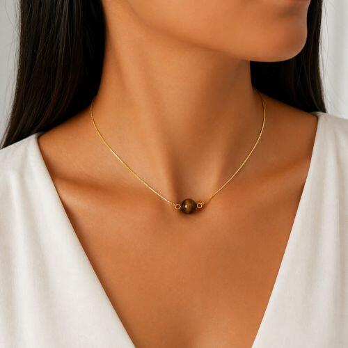 Choker Pedra Natural Olho de Tigre Banhado em Ouro 18K