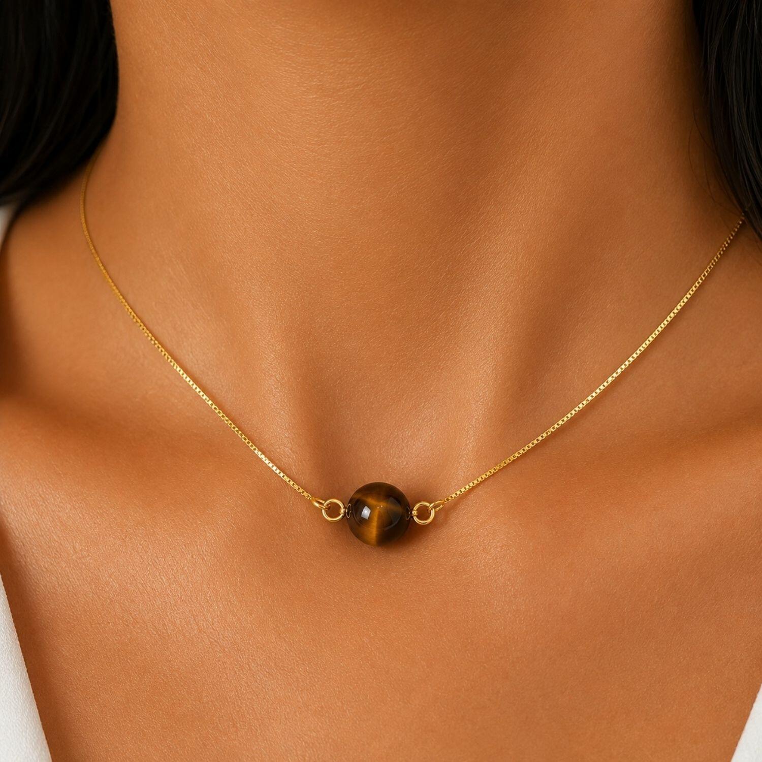 Choker Pedra Natural Olho de Tigre Banhado em Ouro 18K