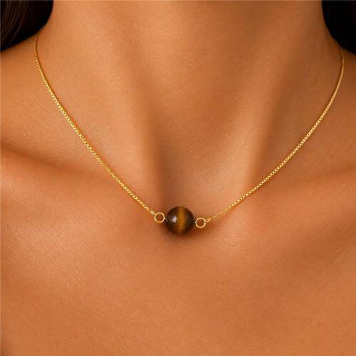 Choker Pedra Natural Olho de Tigre Banhado em Ouro 18K