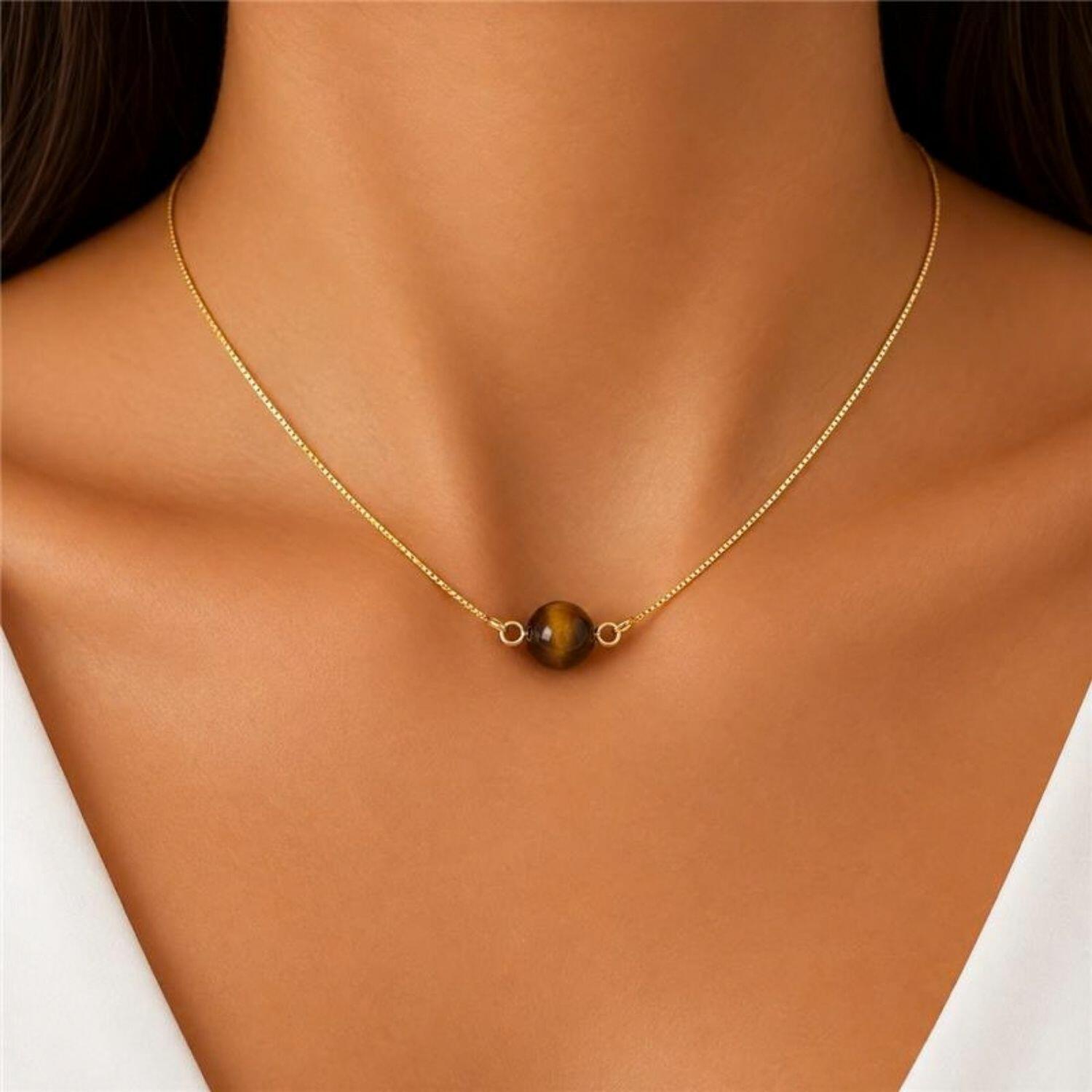 Choker Pedra Natural Olho de Tigre Banhado em Ouro 18K