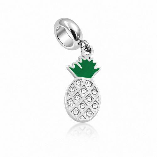 Berloque Abacaxi Zircônia Cristal com Resina Verde Aço Inox