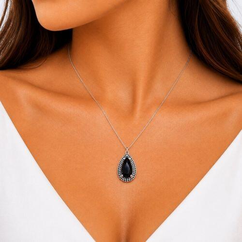 Colar Gota com 3 Fileiras Micro Zircônia Negra Banhado a Prata
