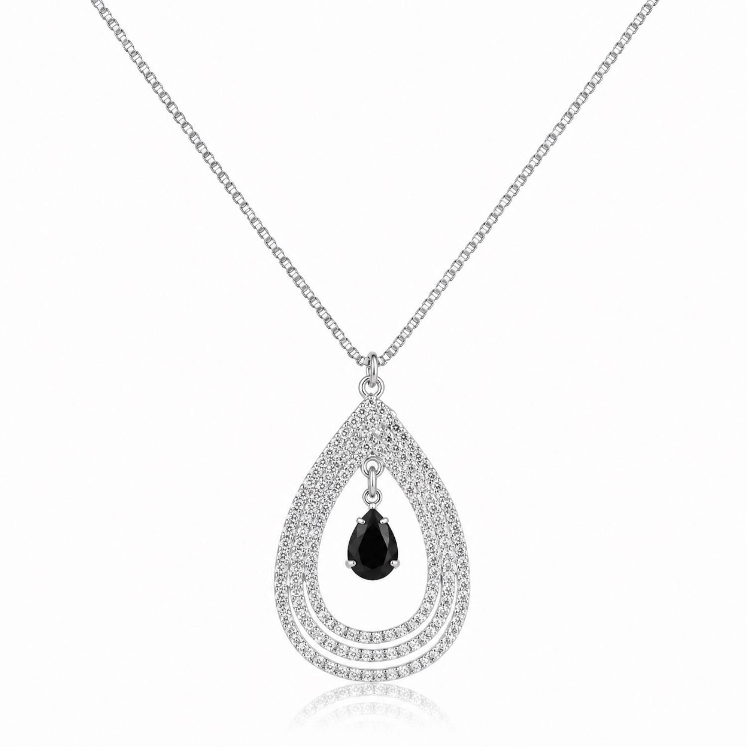 Colar Gota Vazada com 3 Fileiras e Gota Central Zircônia Negra Banhado a Prata