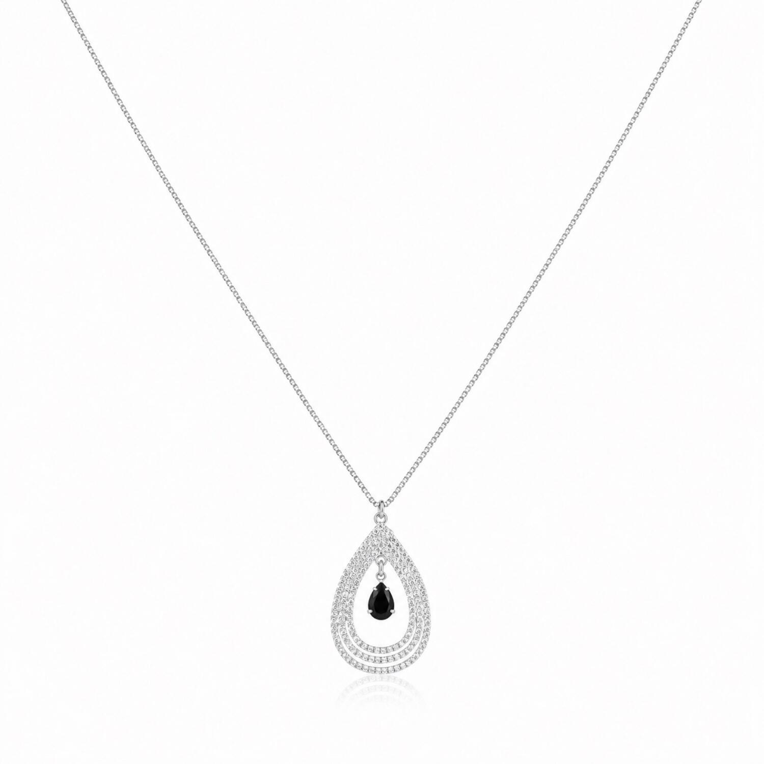 Colar Gota Vazada com 3 Fileiras e Gota Central Zircônia Negra Banhado a Prata