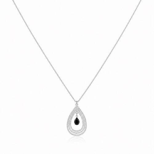 Colar Gota Vazada com 3 Fileiras e Gota Central Zircônia Negra Banhado a Prata