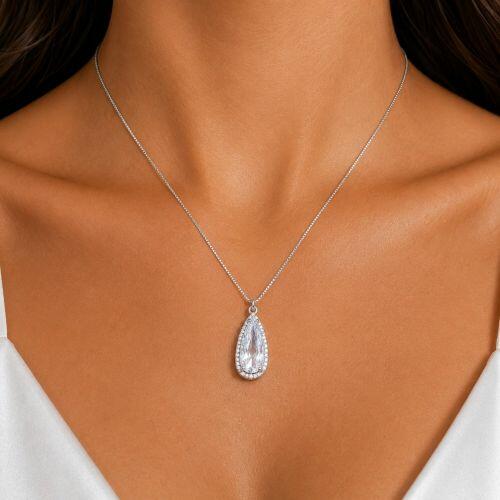 Colar Gota Zircônia Cristal com 1 Fileira Micro Zircônia Banhado a Prata